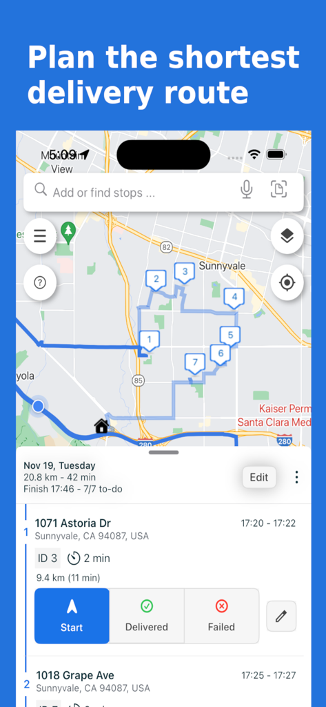 Maposcope Route Planner - Interfaz de la aplicación Maposcope que muestra una ruta de entrega multi-parada optimizada en un mapa con paradas numeradas