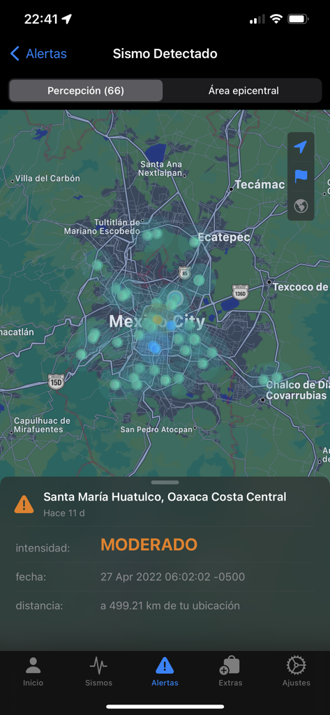 Alerta Sísmica México - SASSLA - SASSLA app interface showing an earthquake alert map of Mexico City with moderate intensity details