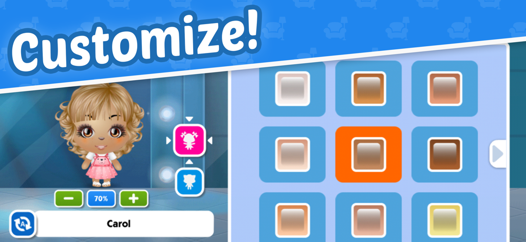 Pet Buddies - Cellphone - Pet customization screen in the Pet Buddies mobile game showing color palettes and character options