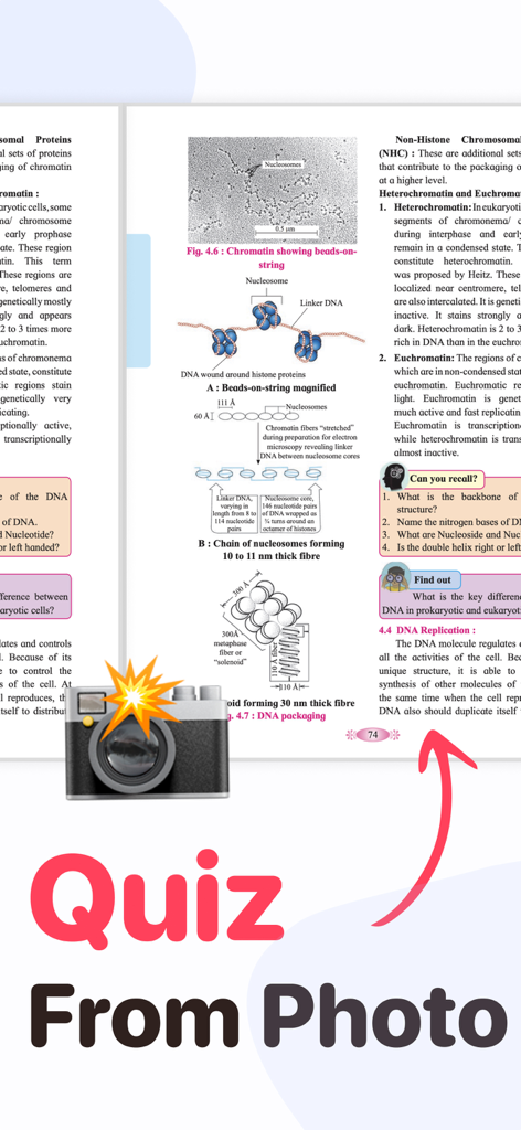 Quiz Maker : Learn With Tests - Un icono de cámara escaneando una página de un libro de texto de biología para crear un cuestionario digital