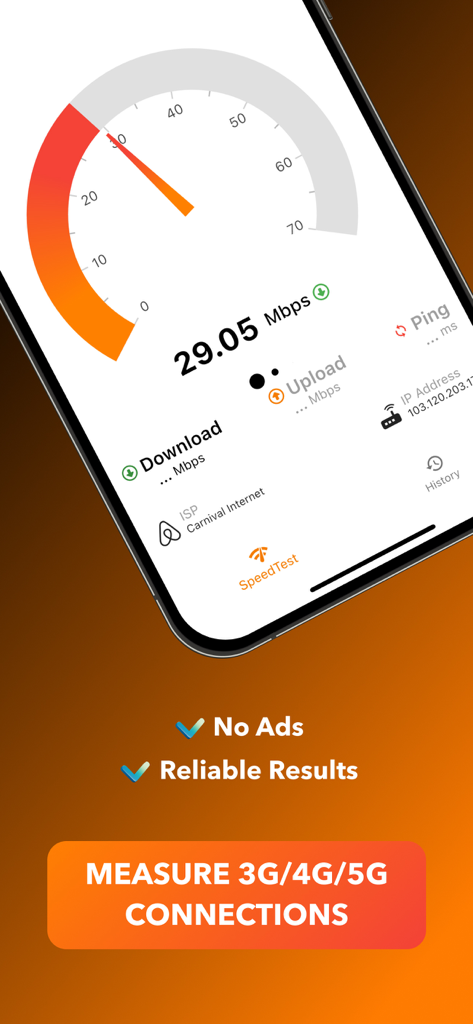 Tela de smartphone mostrando um resultado de teste de velocidade da internet de 29 Mbps em um medidor de velocímetro