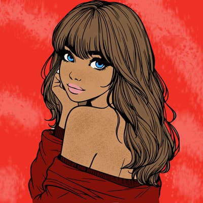 realistic girl with bangs looking over her shoulder