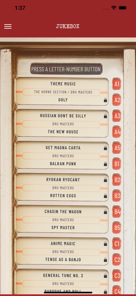 Taskmaster The App - The Taskmaster App jukebox screen with retro music selection buttons for show tracks