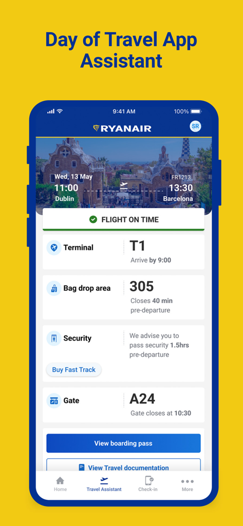 Ryanair app interface showing travel assistant details including flight status, terminal, bag drop, security, and gate information.