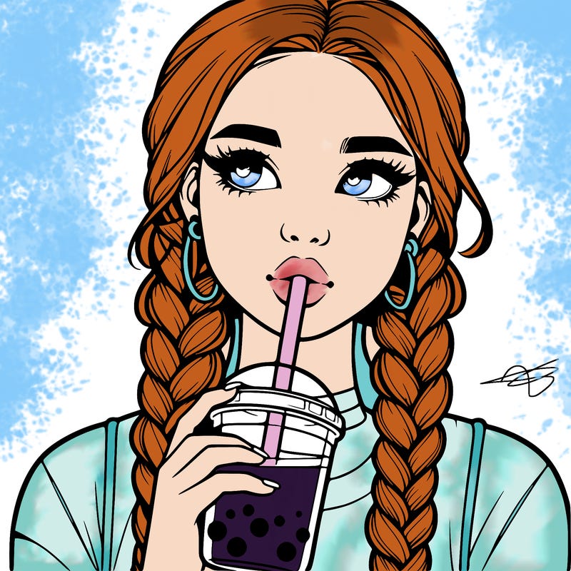 realistic girl with braided hair drinking boba