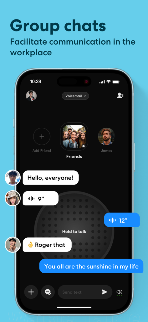 HeyPal - Walkie Talkie Pro - HeyPal mobile app interface displaying a group chat with voice messages and text