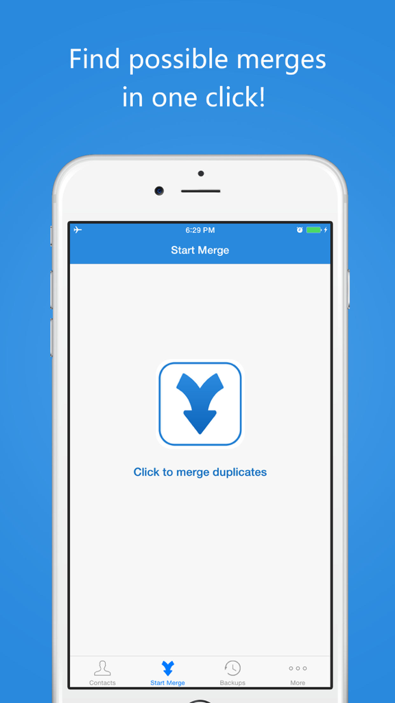 Contact Cleanup - Interface of Contact Cleanup app showing the one click duplicate merge feature