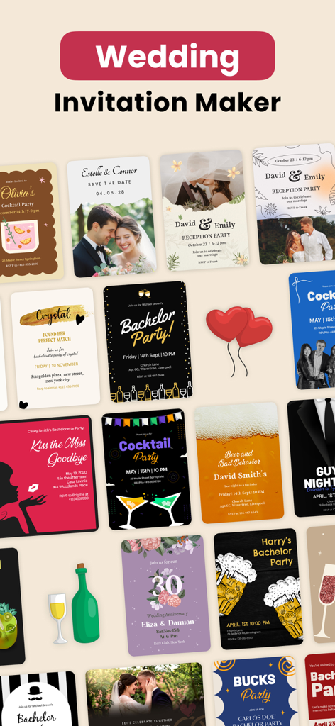 Wedding Invitation Maker RSVP - A collection of various stylish invitation templates for weddings and parties