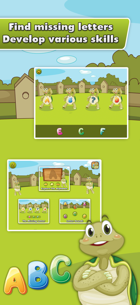 ABC Kids Alphabet Games - Interfaz de juego educativo para niños pequeños mostrando un rompecabezas de letras faltantes con tortugas