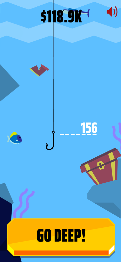 Gameplay screenshot of Go Fish showing a fishing hook underwater with a treasure chest and a fish