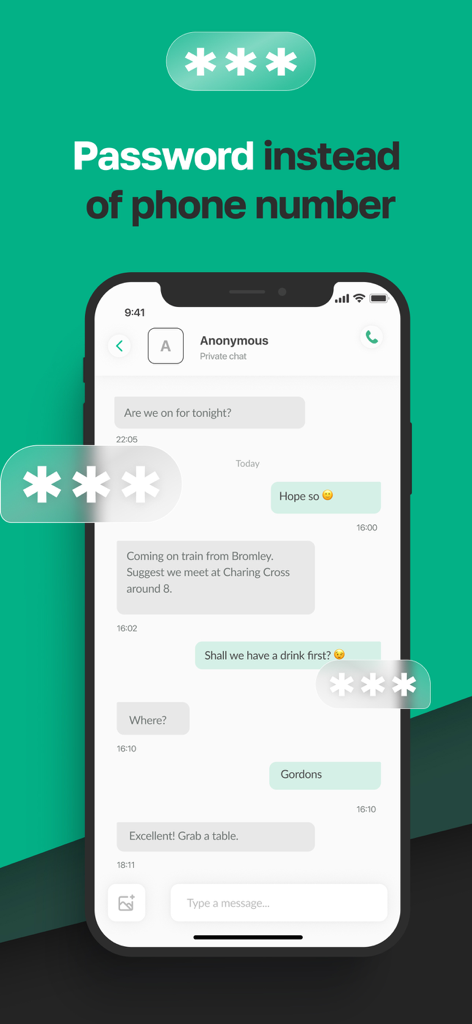BeProg: Secure messenger - Tela de smartphone mostrando o chat anônimo do aplicativo BeProg usando senhas em vez de números de telefone