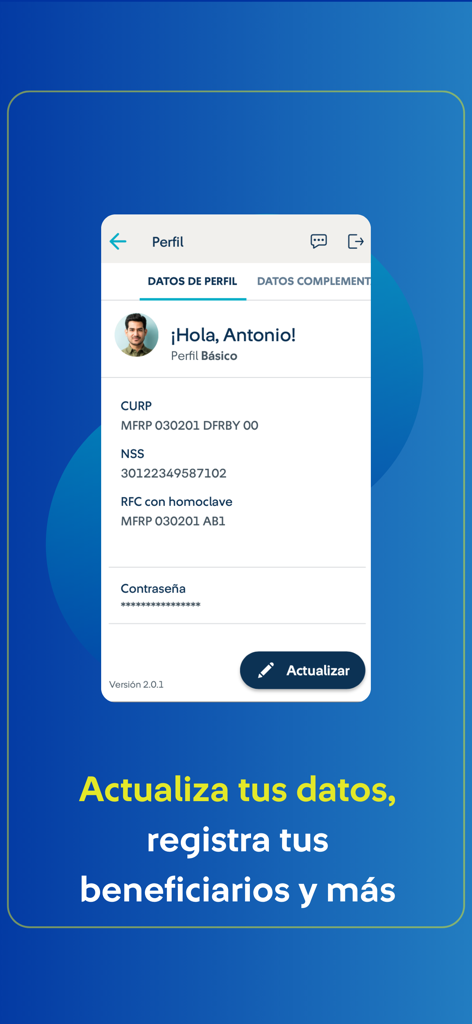 Afore SURA app screen showing user profile information including CURP and NSS with an update button.