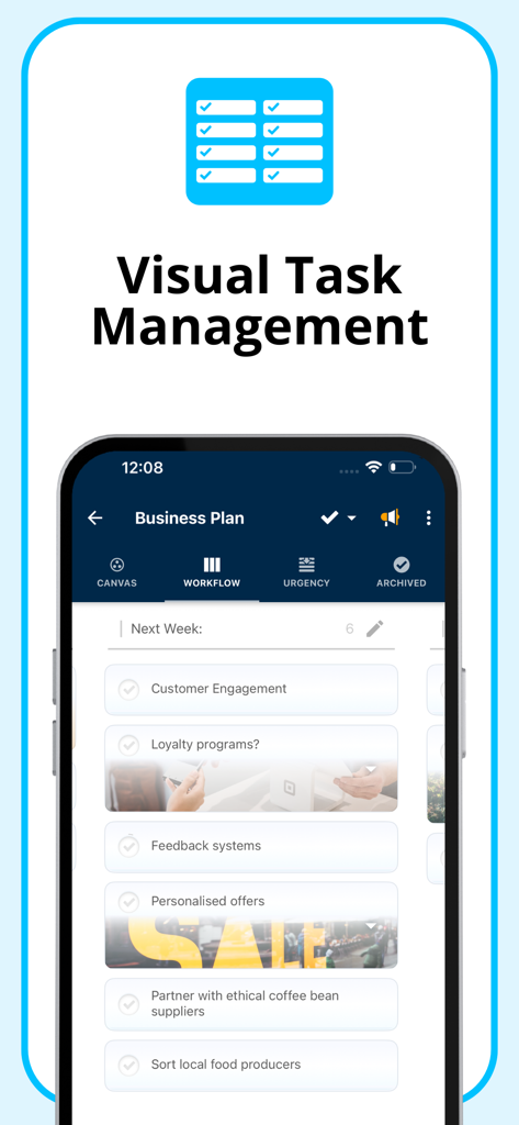 AYOA - Mind Mapping - A smartphone showing the Ayoa app visual task management interface with a list of business plan tasks