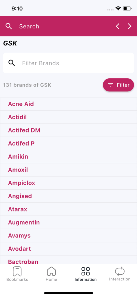 PharmaGuide - PharmaGuide mobile app interface showing a searchable list of clinical medication brands manufactured by GSK