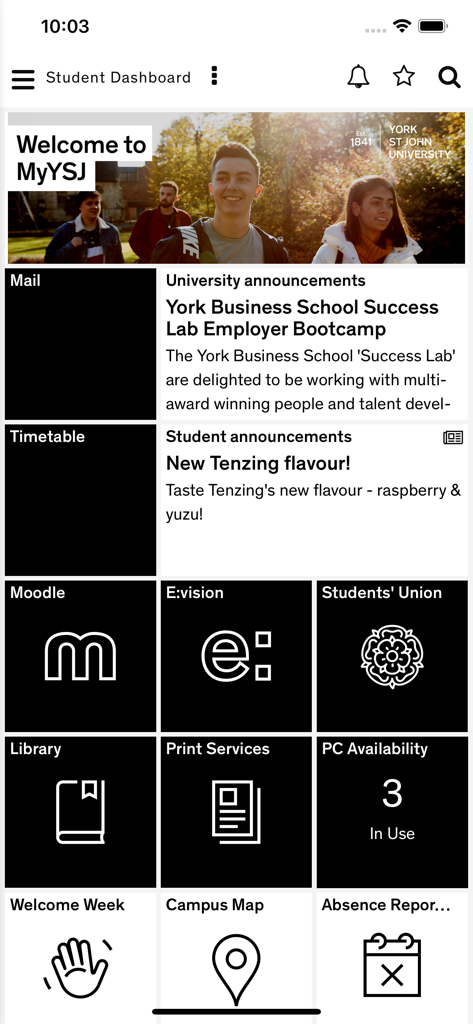 The MyYSJ app student dashboard displaying tiles for university services including Moodle, Timetable, and PC Availability