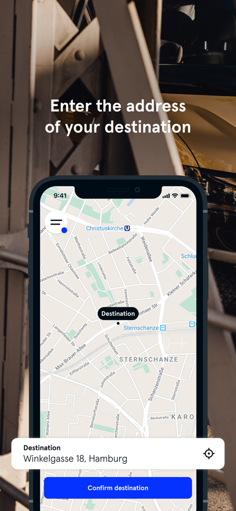MOIA mobile app interface showing a map and destination input field for booking a ride in Hamburg
