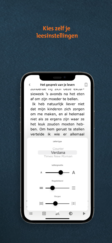 Interface of the online Bibliotheek app showing customizable reading settings for font type size line spacing and margins