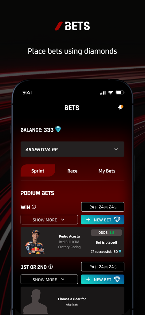 MotoGP™ Guru Predict - MotoGP Guru Predict App-Oberfläche, die Podiumswetten und den virtuellen Diamanten-Saldo für den Großen Preis von Argentinien zeigt