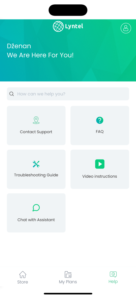 Lyntel eSIM - Lyntel eSIM app help center interface showing support options like FAQ, troubleshooting guide, and chat assistant.