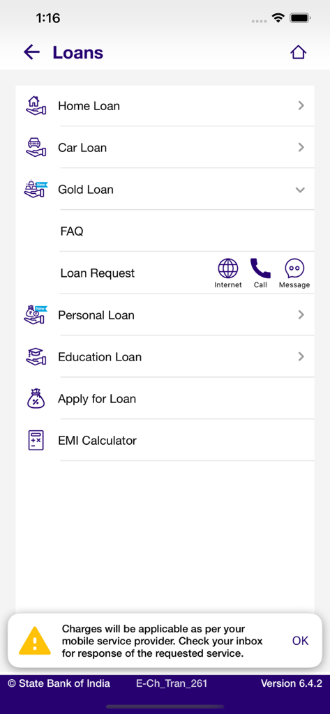 A screen from the SBI Quick app showing various loan options including home, car, gold, and education loans.