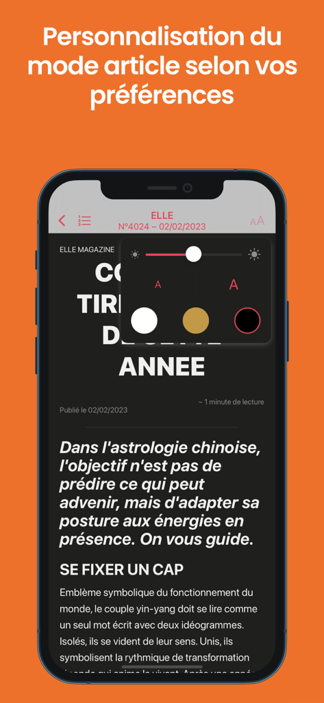 Die MyViapresse App-Oberfläche zeigt Einstellungen zur Personalisierung des Artikel-Lese-Modus, einschließlich Optionen für Textgröße und Hintergrundfarbe