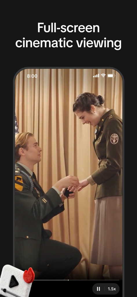 Full screen cinematic viewing of a romantic drama scene on PineDrama