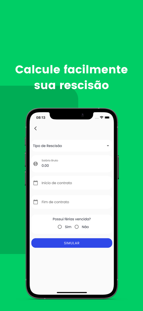 Uma interface de aplicativo móvel em português para calcular benefícios de rescisão trabalhista brasileira, incluindo salário e datas de contrato.
