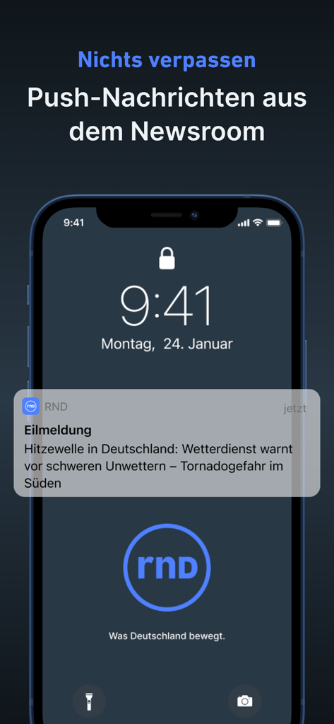 Blocco schermo dello smartphone che mostra una notifica push di breaking news dall'app di notizie RND