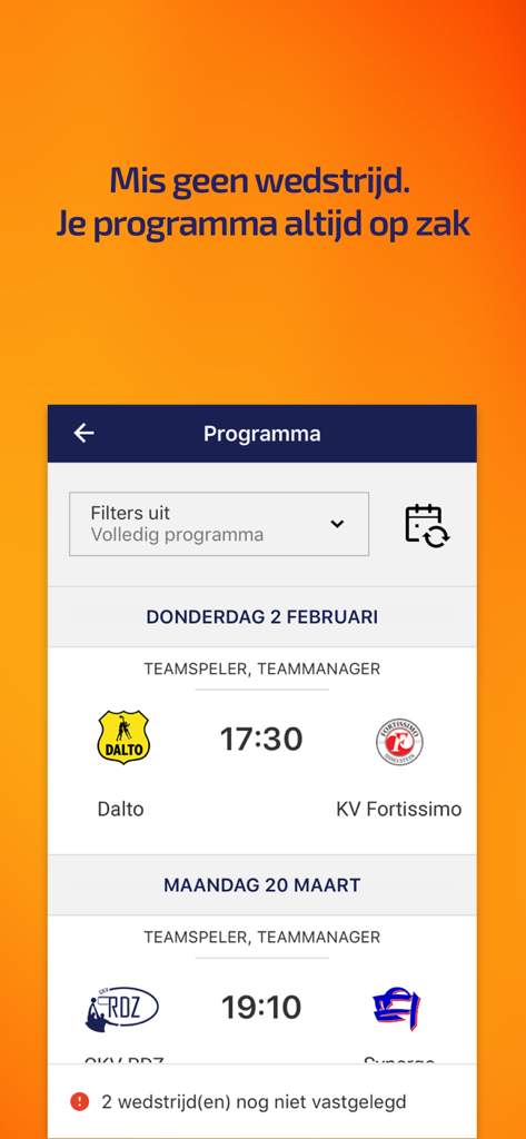KNKV Wedstrijdzaken mobile app displaying a korfball match schedule with team names and game times