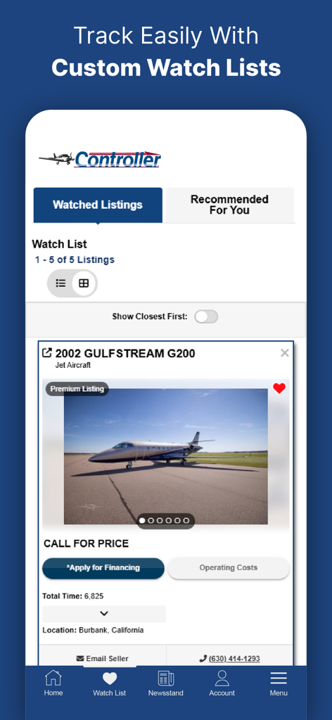 Controller: Aircraft for Sale - Captura de tela do aplicativo Controller mostrando uma lista de observação do usuário com um anúncio de jato particular Gulfstream G200.