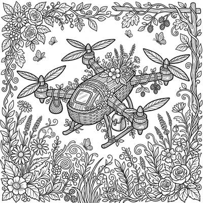 Experience the delightful fusion of modern technology and rustic charm with this enchanting cottagecore drone coloring page. Adorned with delicate flowers and woven textures, this unique design invites you to a serene artistic escape.