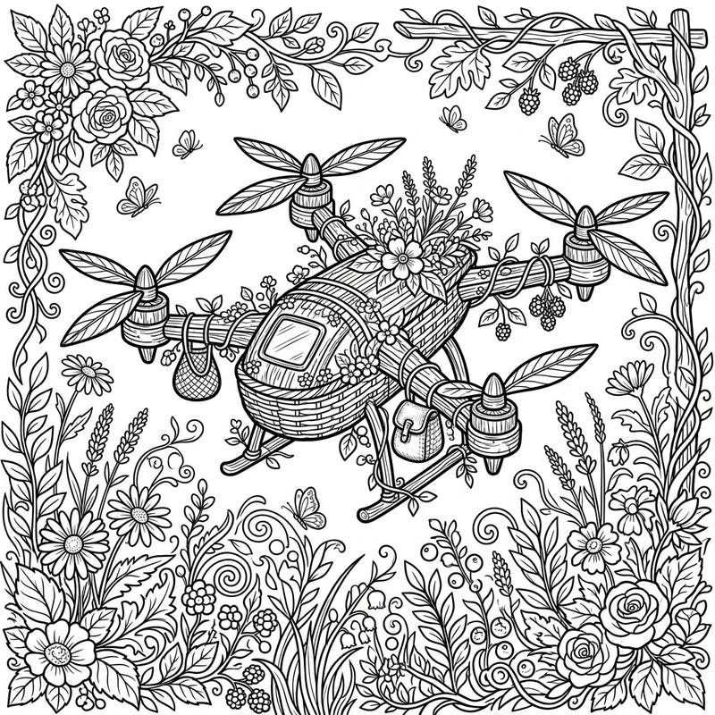 Experience the delightful fusion of modern technology and rustic charm with this enchanting cottagecore drone coloring page. Adorned with delicate flowers and woven textures, this unique design invites you to a serene artistic escape.