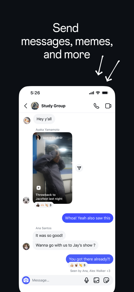 Instagram direct messaging interface showing a group chat with messages and shared video content