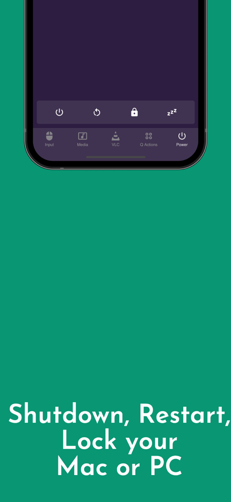 Captura de pantalla de la aplicación remota mostrando controles de alimentación para apagar reiniciar y bloquear un Mac o PC