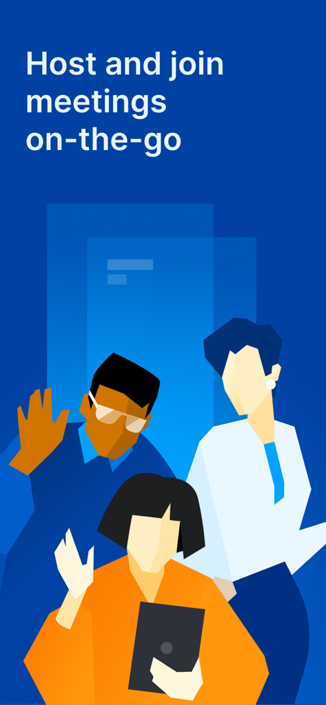 Online Meeting & Conferencing - Graphic showing professionals hosting and joining online meetings on the go.