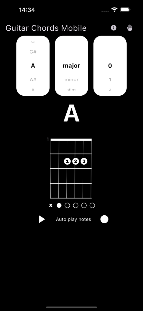Guitar Chords Mobile - Interfaz de la aplicación Acordes de Guitarra Móvil mostrando un diagrama de acorde de La mayor con posiciones de dedos