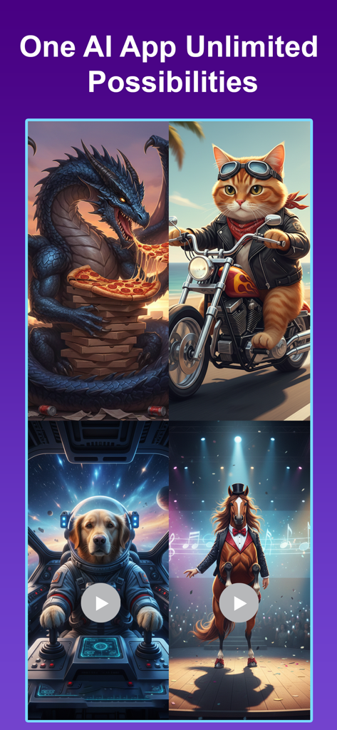 EaseMate AI app showcase featuring AI generated images of a dragon with pizza, a cat on a motorcycle, and an astronaut dog.