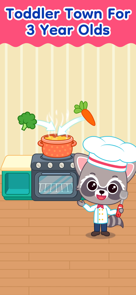 Kids & Toddler Learning Games - Cute raccoon chef cooking vegetables in a kitchen for toddlers