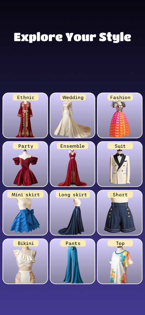 AI Clothes Changer: ReWear - Una cuadrícula que muestra varias categorías de ropa en la app ReWear, incluyendo vestidos de novia, trajes de fiesta y trajes para prueba virtual IA