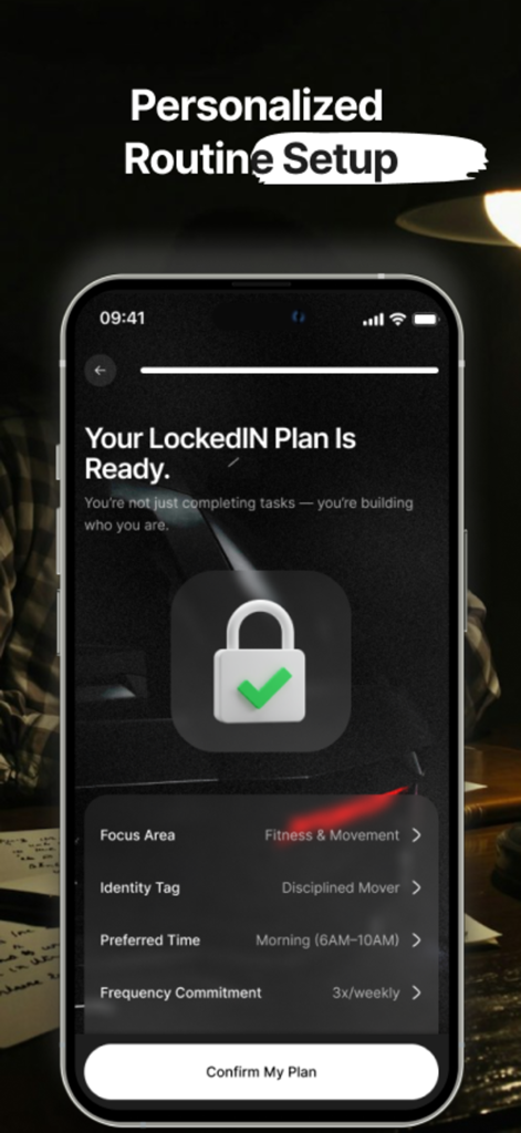 The LockedIN Mindset - Personalized routine setup screen in The LockedIN Mindset app displaying a ready performance plan