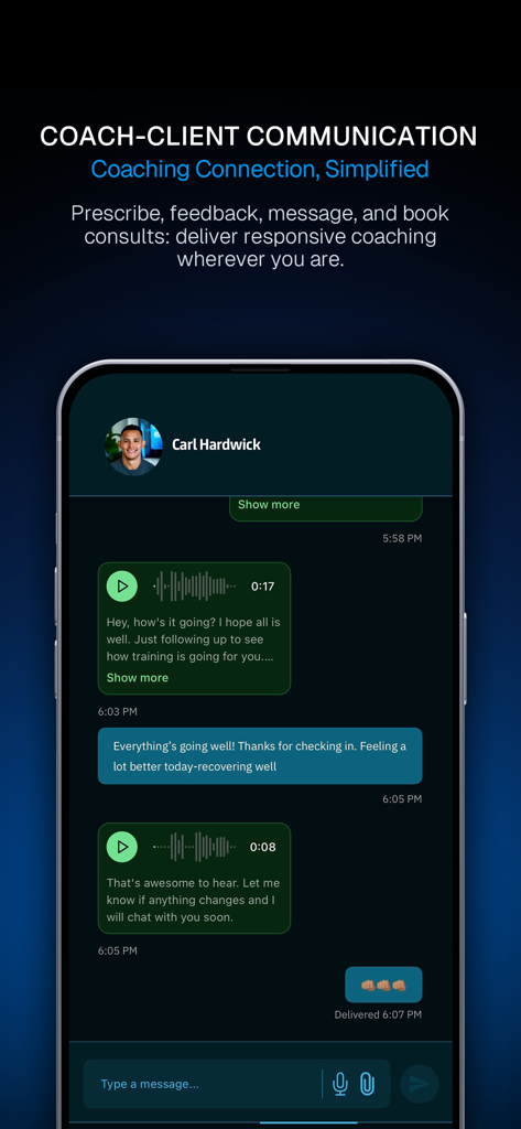 CoachRx by OPEX Fitness - In-app messaging interface showing a conversation between a coach and a client including voice notes and text messages.