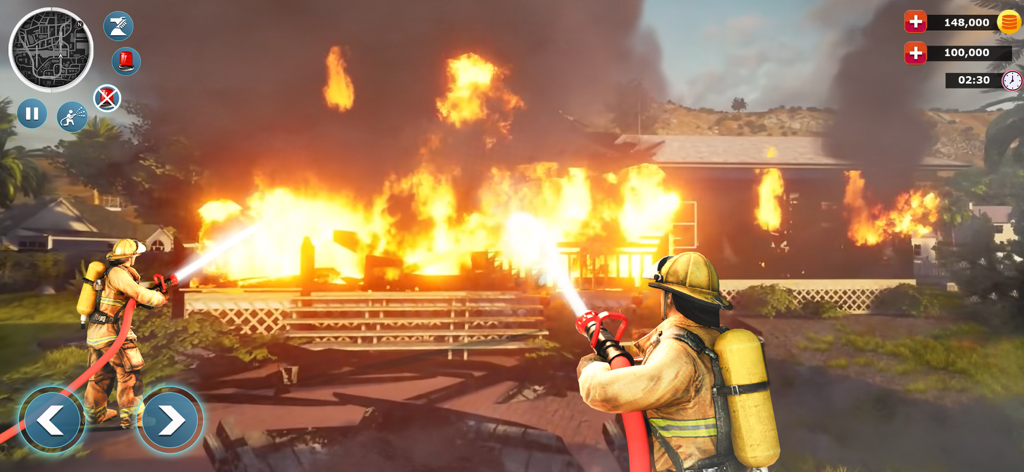 Two firefighters extinguishing a large house fire with water hoses in a 3D simulation game.