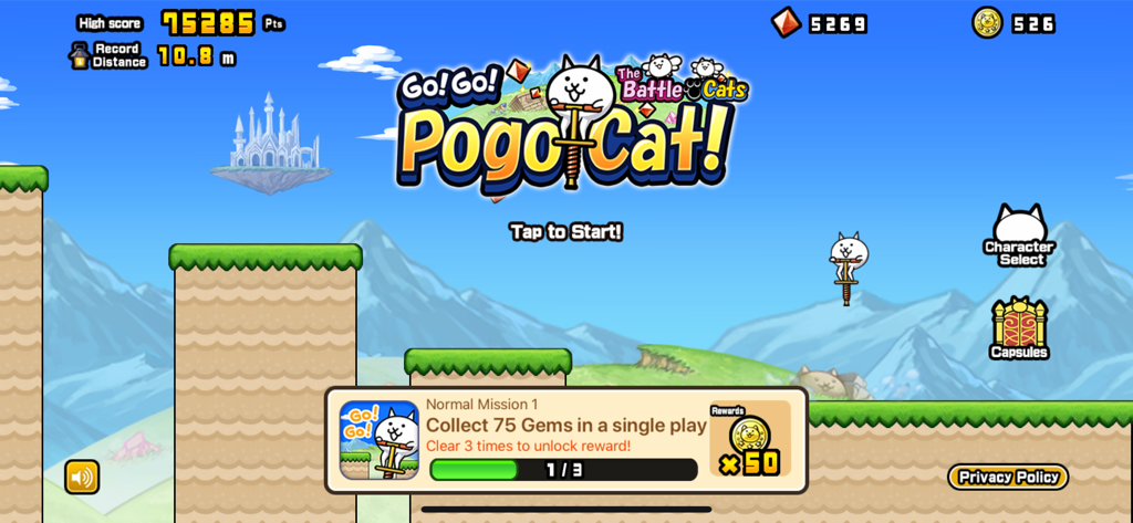 La pantalla de inicio de Go Go Pogo Cat mostrando un gato en un palo de pogo y una ventana emergente de recompensa de misión