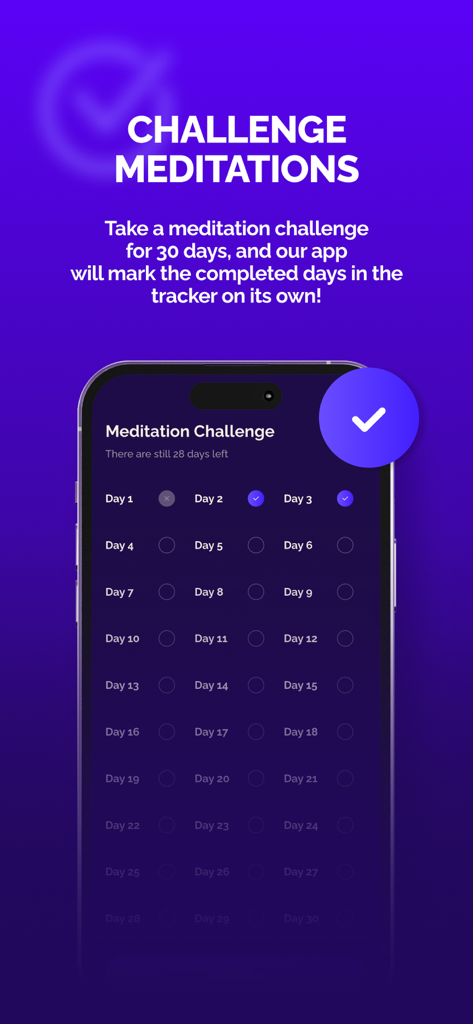 AB.MONEY: meditation & breath - AB.MONEY app screen displaying a 30 day meditation challenge progress tracker on a purple background