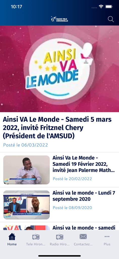 Radio Tele Hirondelle - Radio Tele Hirondelle app interface displaying a list of archived talk show episodes from the Ainsi Va Le Monde series.