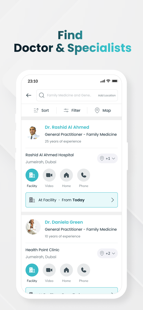 M42 - M42 app interface displaying a list of doctors and specialists with options to filter and search by location