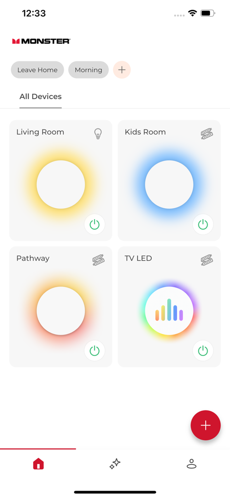 Monster Smart Lighting - Dashboard of the Monster Smart Lighting app showing smart home device controls for different rooms