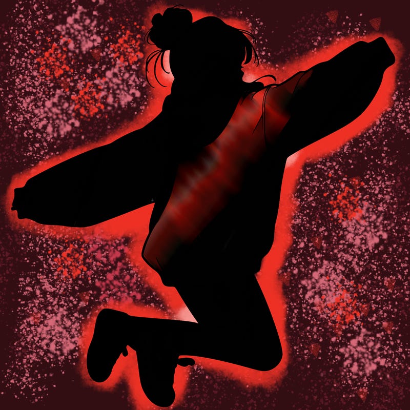 realistic girl jumping with a bun and oversized sweatshirt