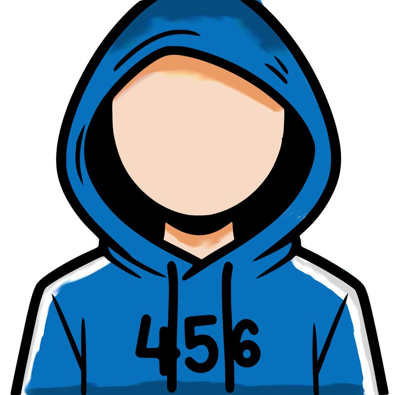 a person with non face waering a hoodie with a 456 symbol