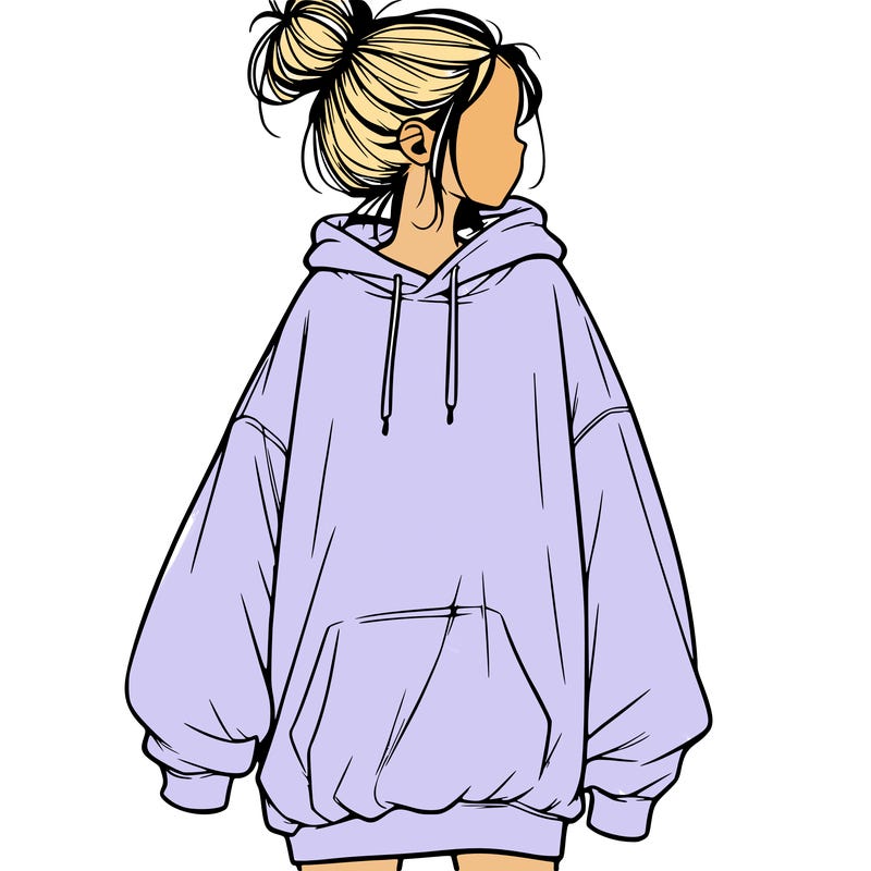 realistic girl with a oversized sweatshirt on and a bun